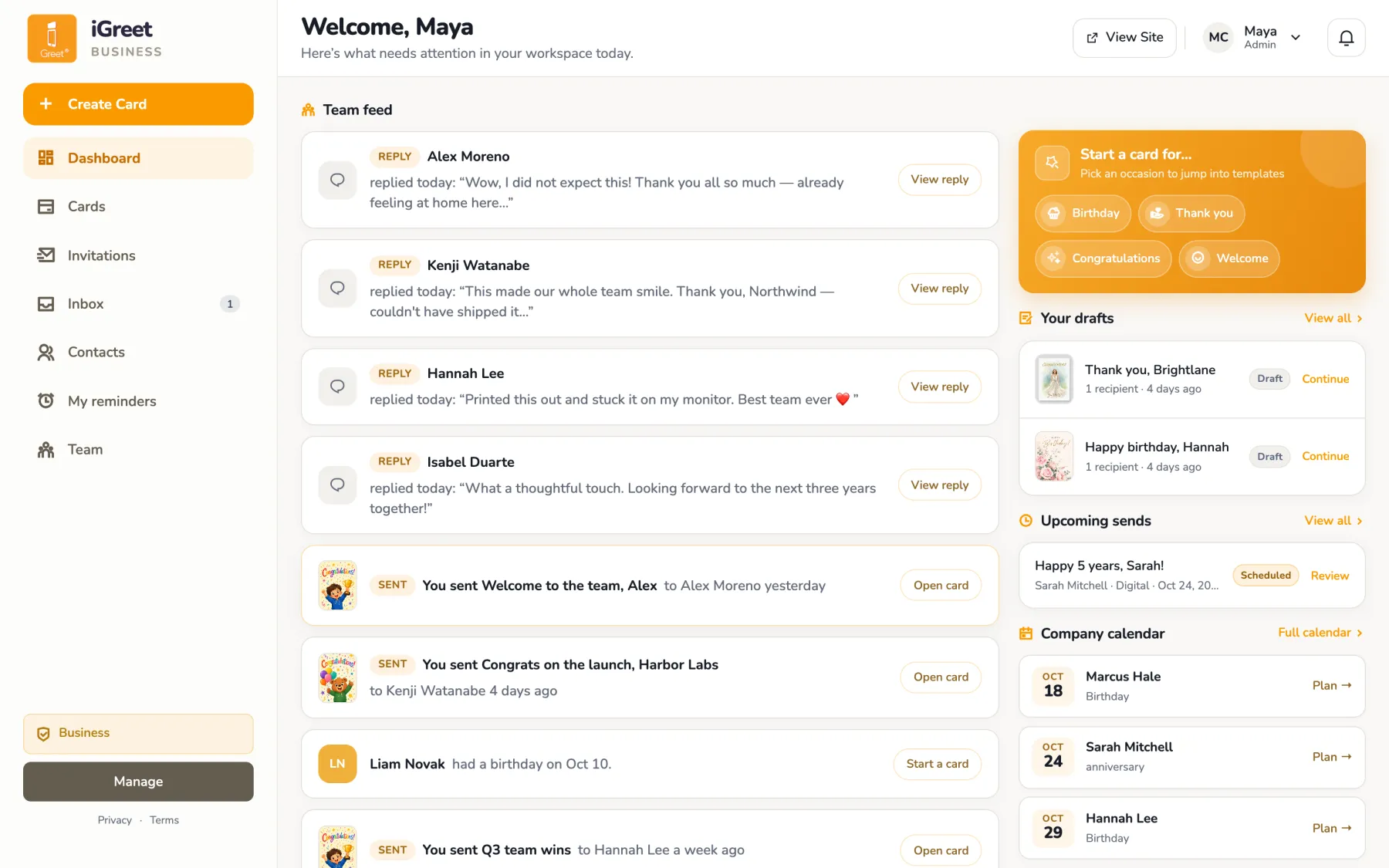 iGreet for Business team dashboard showing a team feed, upcoming sends and the company calendar