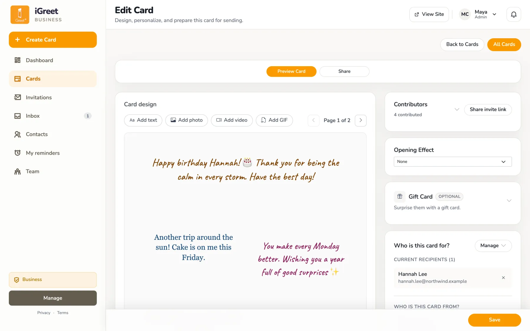 Group card editor with messages from several teammates