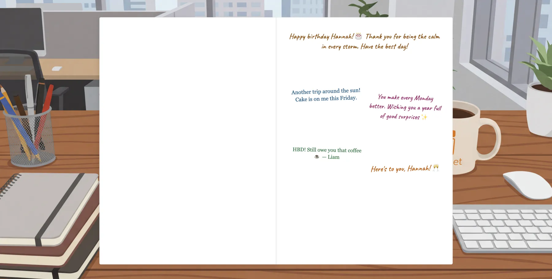 An opened birthday card showing handwritten-style messages from teammates