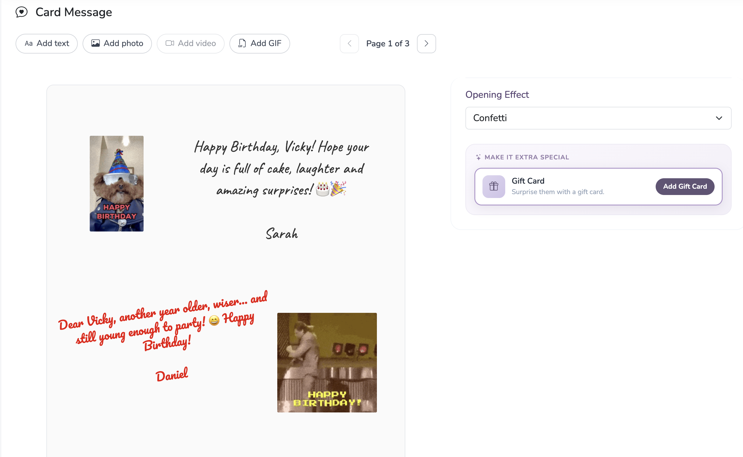 iGreet card editor showing personal birthday messages, GIFs, page navigation and the option to add a gift card