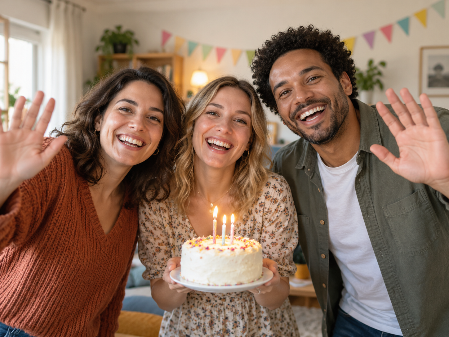 Three friends recording a birthday greeting