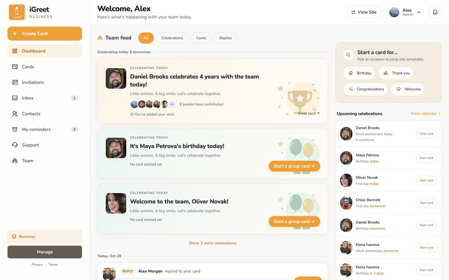 Example iGreet team dashboard showing an upcoming work anniversary, six card contributors, team replies and upcoming celebrations