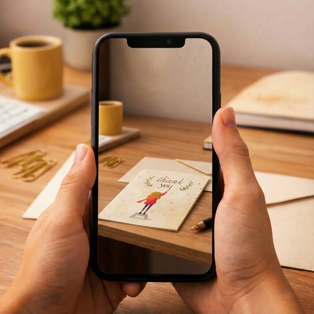 An iGreet card viewed through the camera on a phone