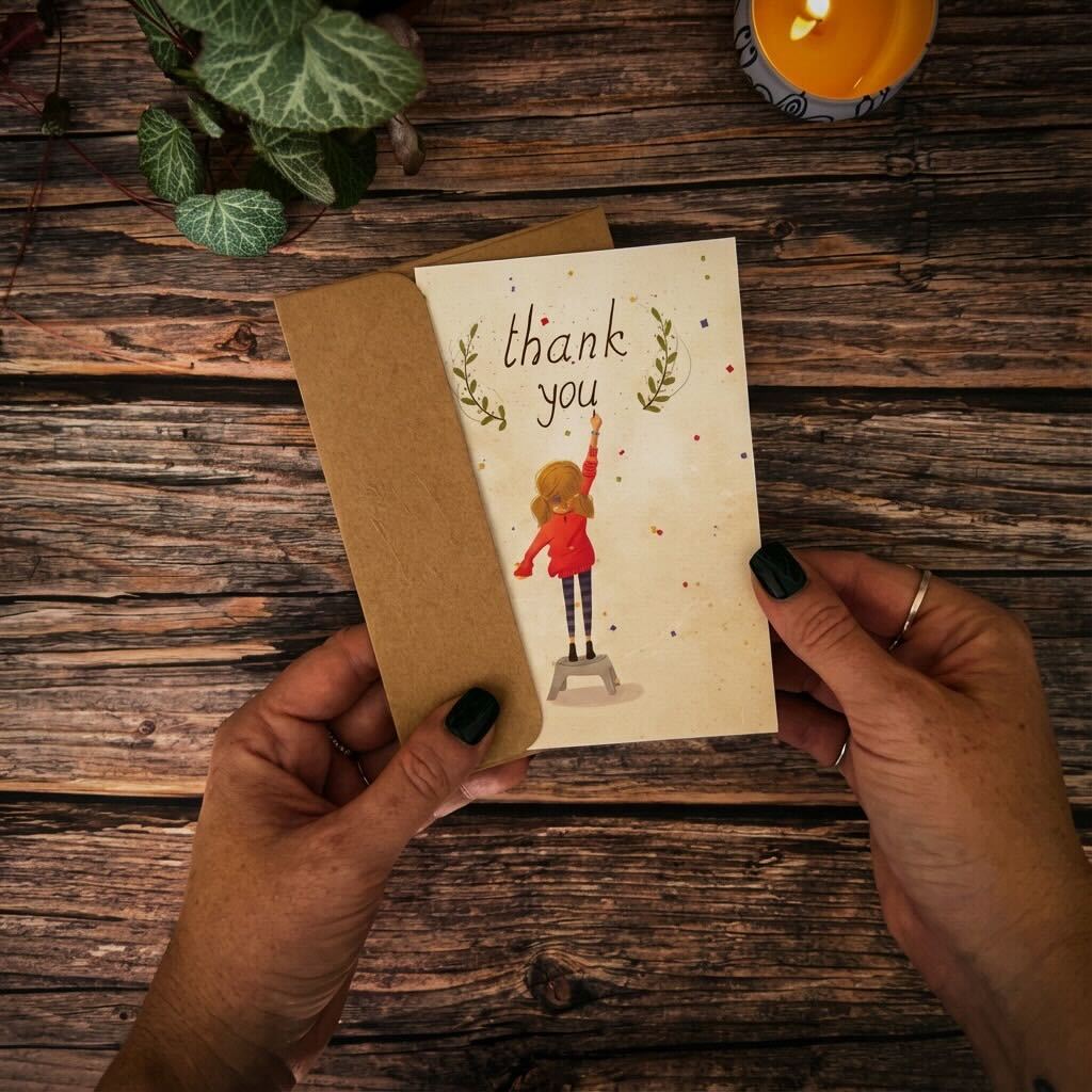 A printed iGreet thank-you card and envelope held in the recipient’s hands