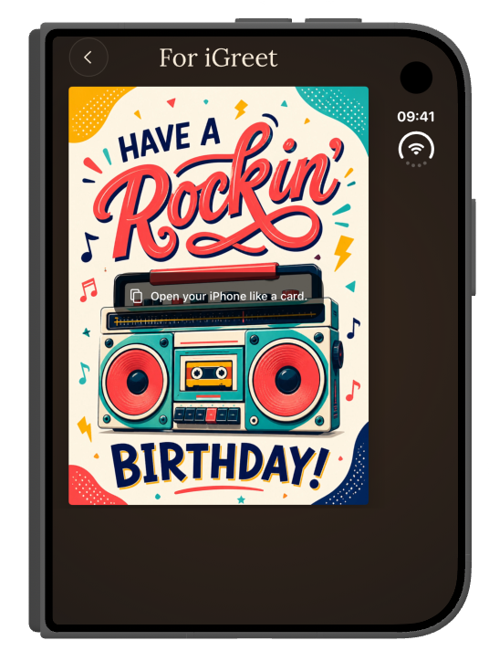 An iGreet birthday card cover on a folded iPhone Duo
